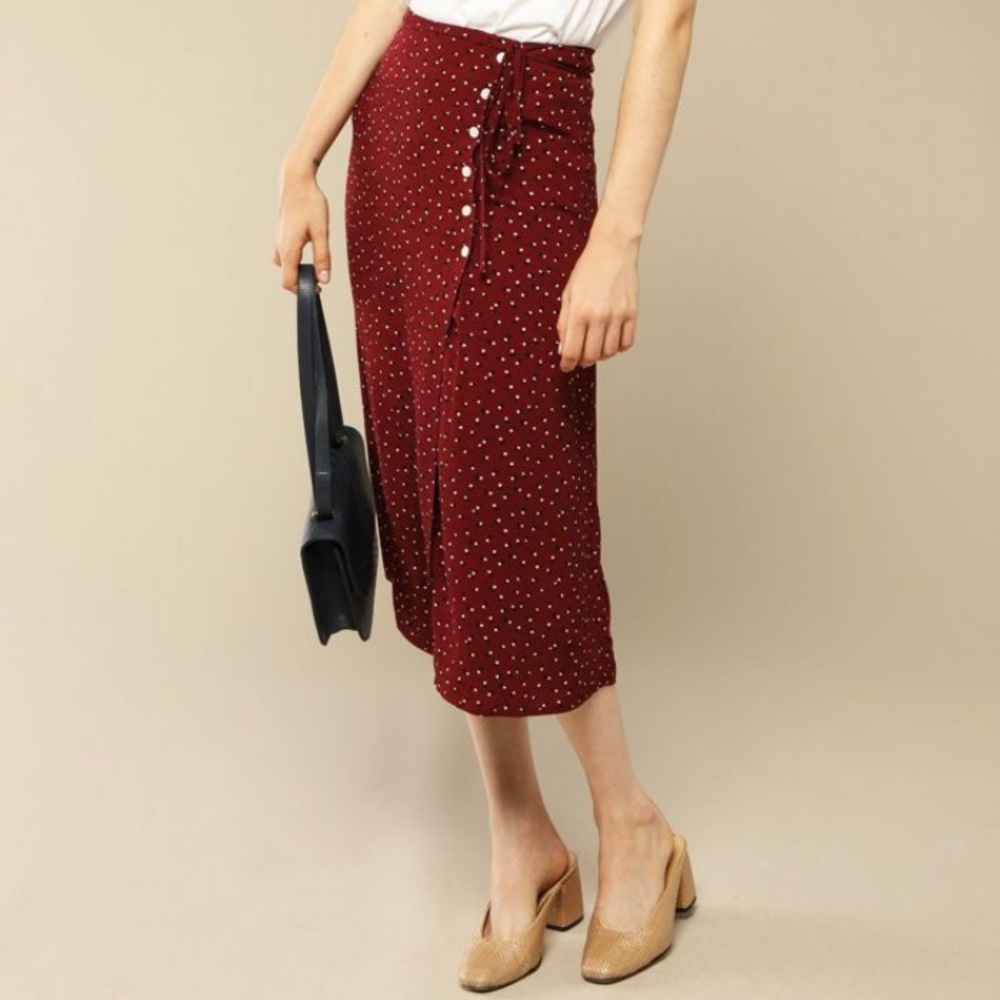 Rouje Burgundy Polka Dot Midi Skirt